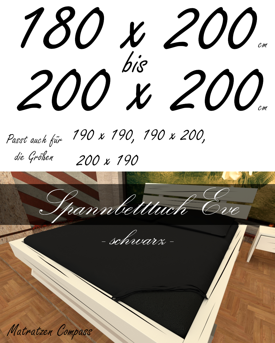 Hochwertiges Spannbetttuch 200 x 200 Eve schwarz - bestens geeignet für Matratzen bis 24 cm Höhe