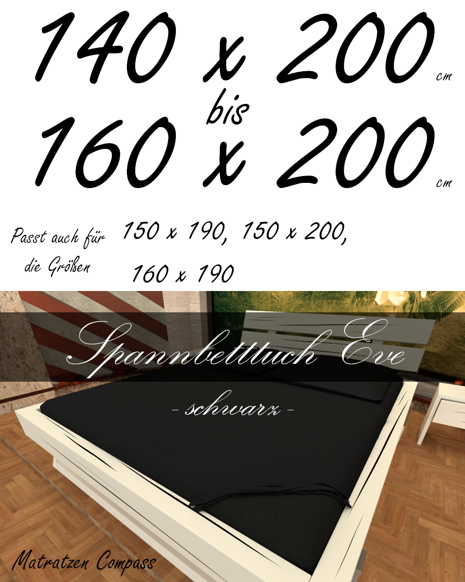 Hochwertiges Spannbetttuch 150 x 200 Eve schwarz - bestens geeignet für Matratzen bis 24 cm Höhe