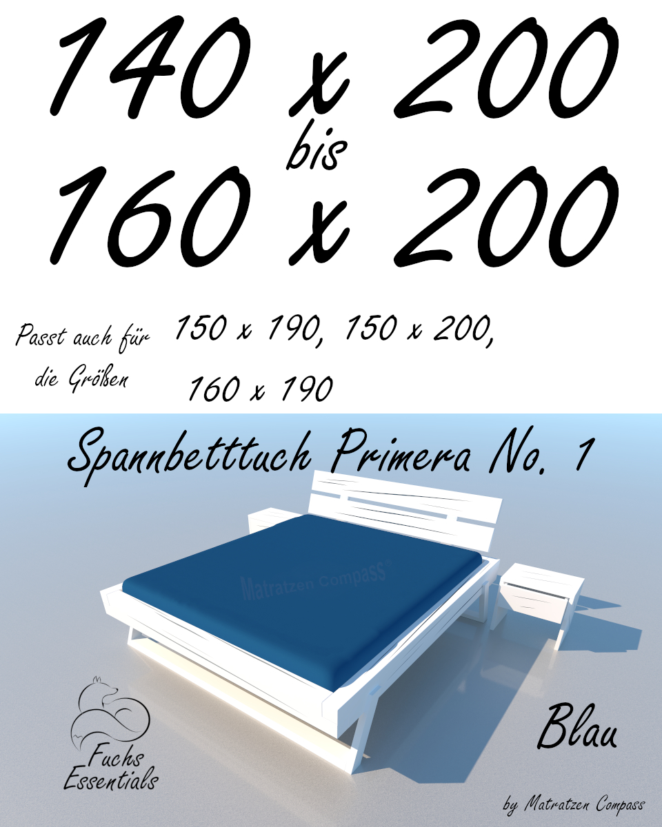 Spannbetttuch 150 x 200 Primera No.1 in blau - für Matratzen bis 22 cm Höhe