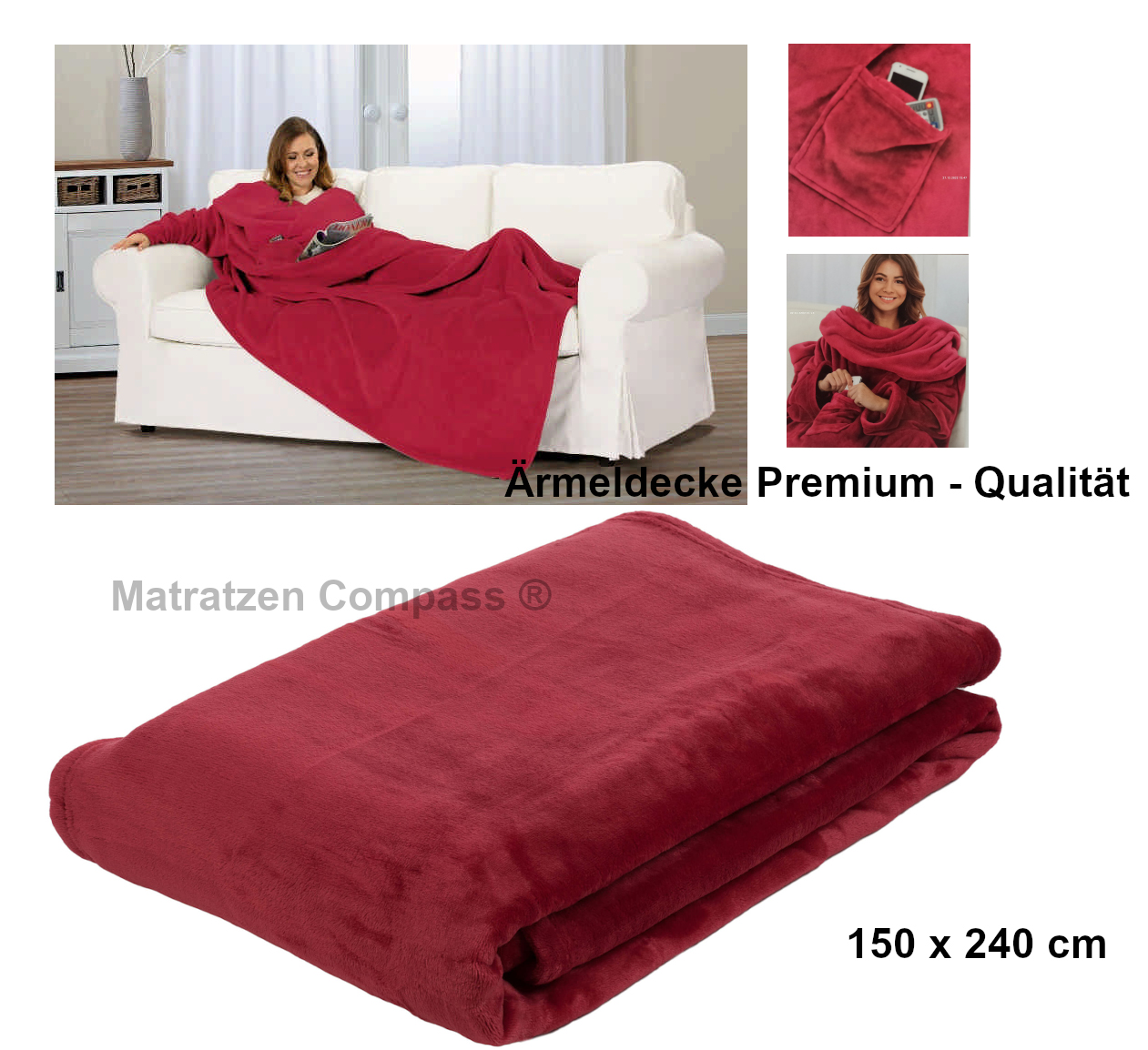 Hochwertige Ärmeldecke Kuscheldecke Farbe rot in Größe 150x240 cm