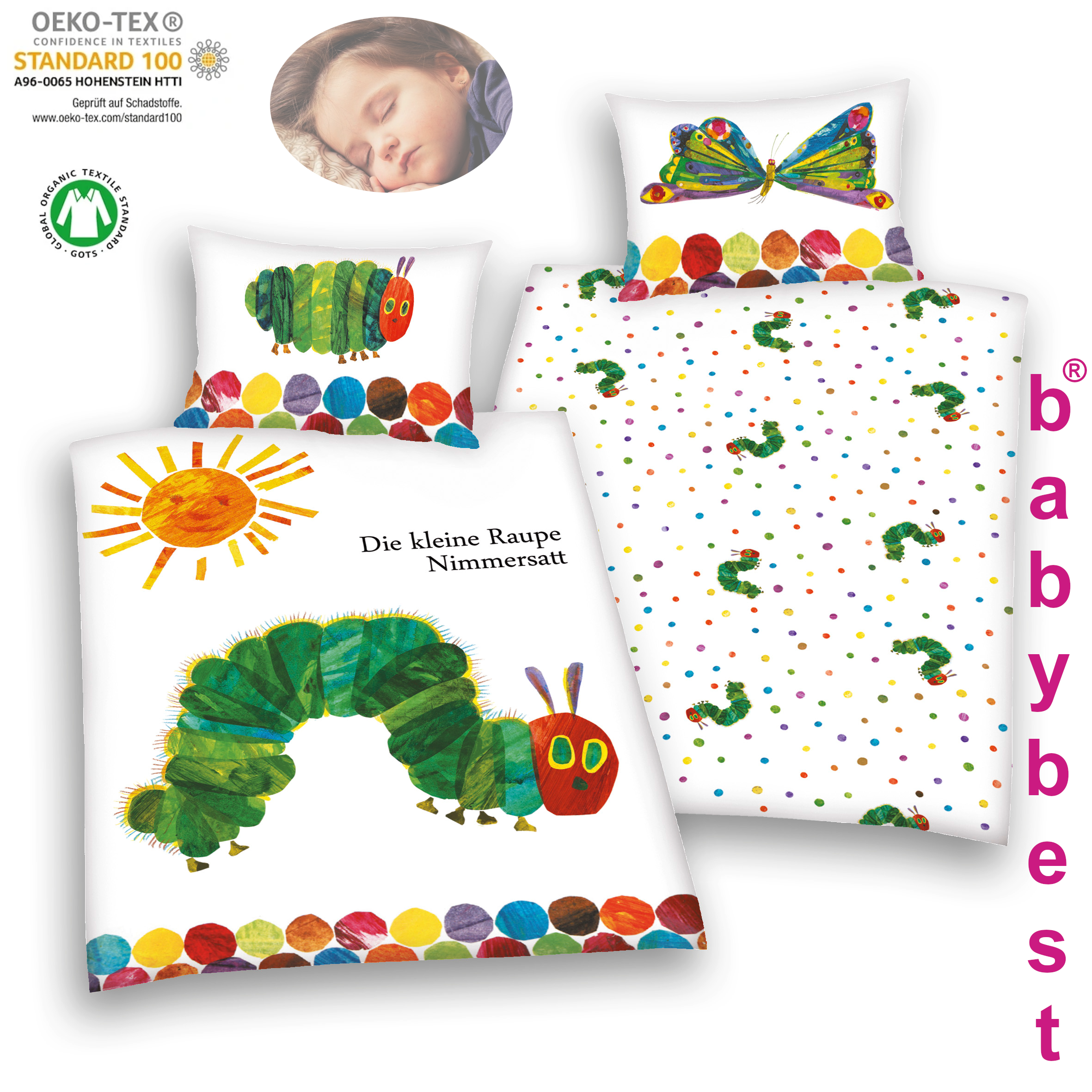 baby-und-kleinkinder-bettwaesche-oekotex-wendebettwaesche-kleine-raupe-nimmersatt-baumwolle-100-135-cm Babybettwäsche Raupe Nimmersatt 100 x 135 Renforce mit Kissenbezug 40 x 60 cm