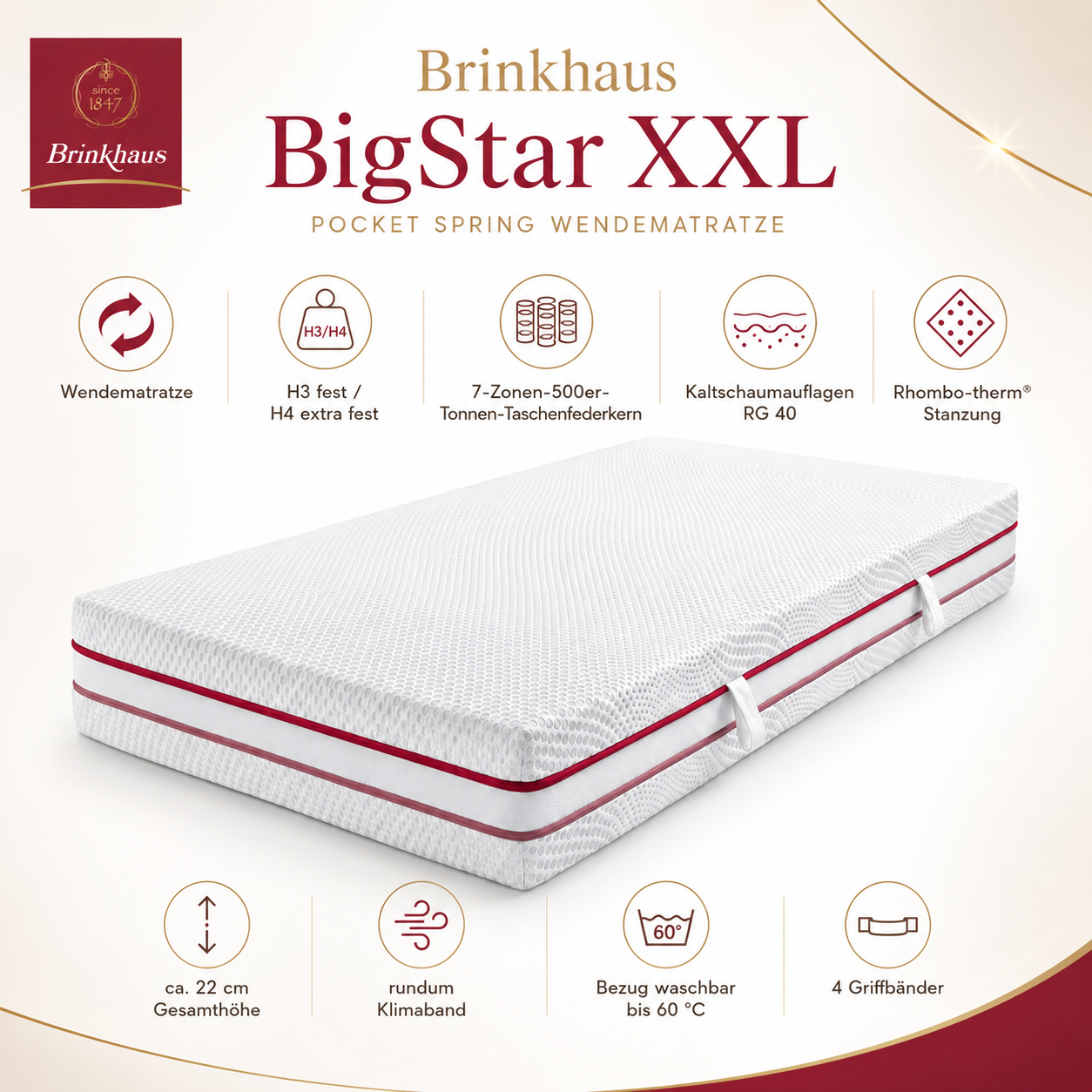 Taschenfederkern-Wendematratze Brinkhaus BigStar XXL H3/H4 – 90 x 200 cm