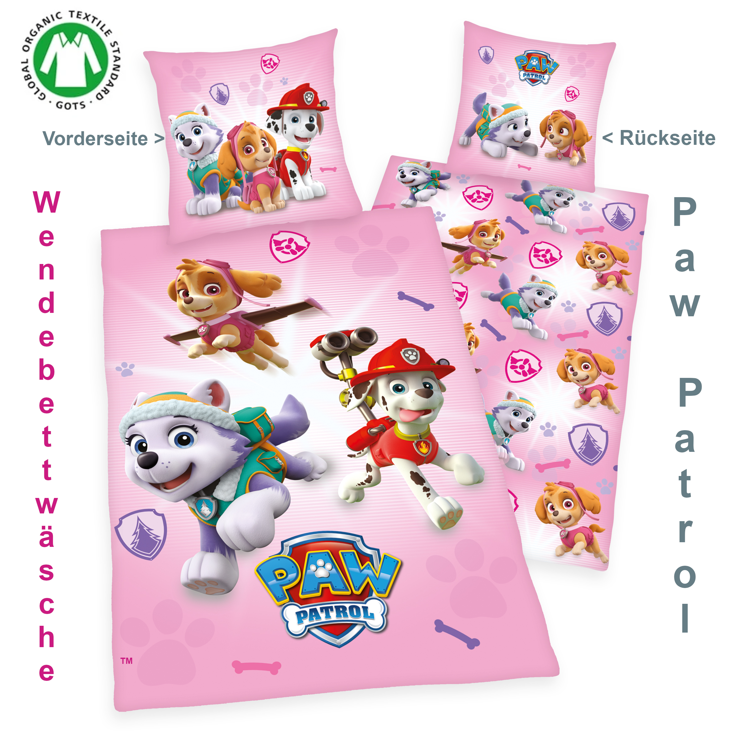 baumwoll-wendebettwaesche-paw-patrol-rosa-135-200-cm-mit-kissen-80-80-cm Bettwäsche Paw Patrol 135 x 200 Renforce Inklusive Kissenbezug 80 x 80 cm