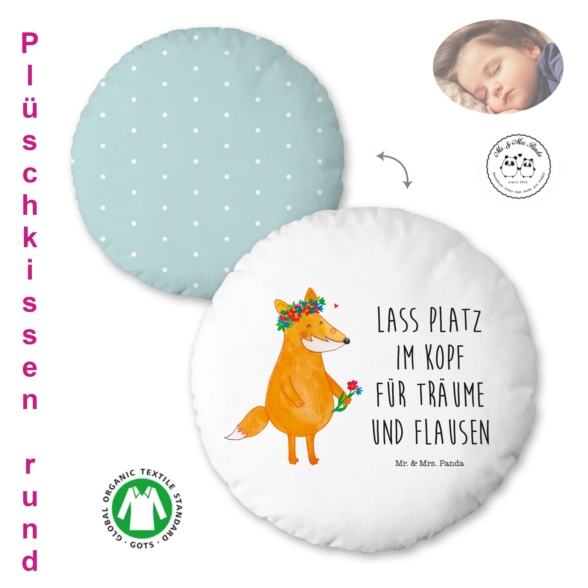 rundes-weiches-plueschkissen-kinder-kissen-fuchs-motiv-40-cm-durchmesser Flauschiges Plüschkissen für Kinder Mr. & Mrs. Panda 40 cm