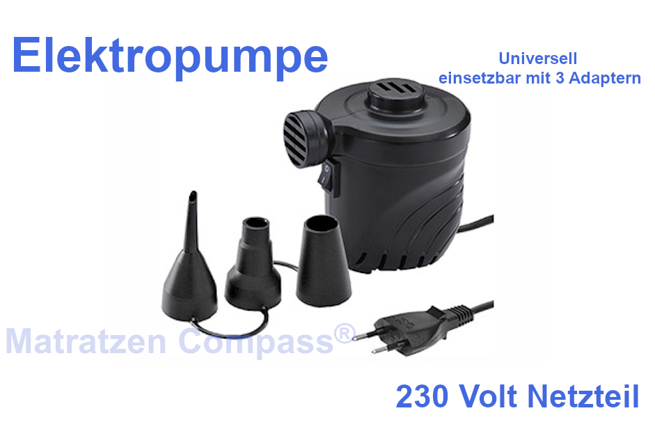 elektrische-kraftvolle-Luftpumpe-pumpe-fuer-luftbett-schlauchboot-campingbett-luftmatratze-elektropumpe-230-v Elektropumpe mit Netzteil für 230 V Hausanschluss