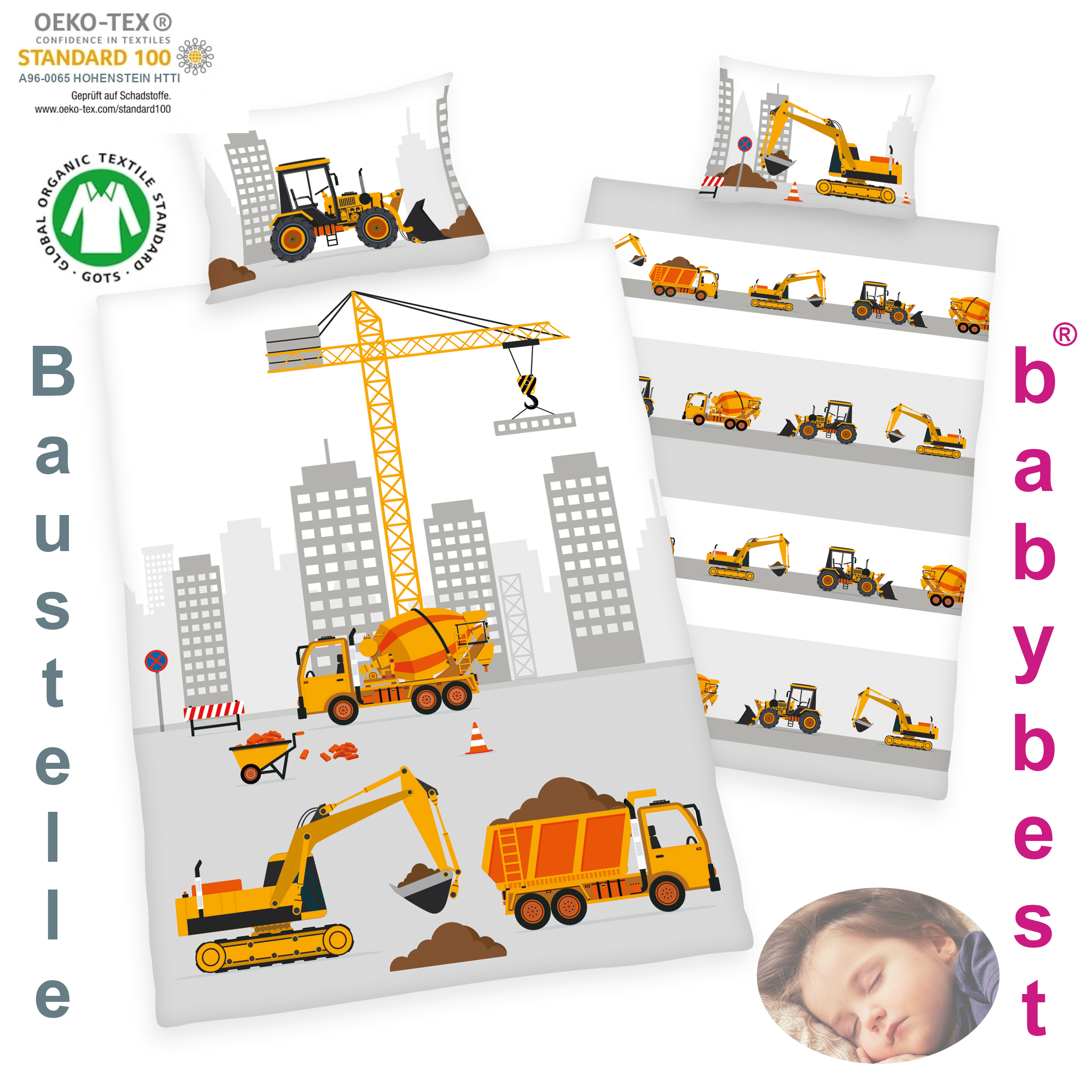 wendebettwaesche-fuer-babys-kleinkinder-baustelle-oekotex-bettwaesche-baumwoll-bettwaesche-100-135-cm Babybettwäsche Baustelle 100 x 135 Renforce mit Kissenbezug 40 x 60 cm