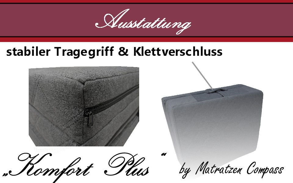 Ausstattung-faltbare-Klappmatratze-Komfort-Plus-150x195 Hochwertige Faltmatratze Komfort Plus 150x195x12 cm mit 2 Liegeseiten