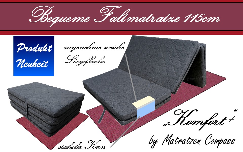 Faltmatratze-Komfort-115x190-passend-fuer-Transporter-Mercedes-Dacia Hochwertige Faltmatratze Komfort Plus 115x190x12 cm mit 2 Liegeseiten