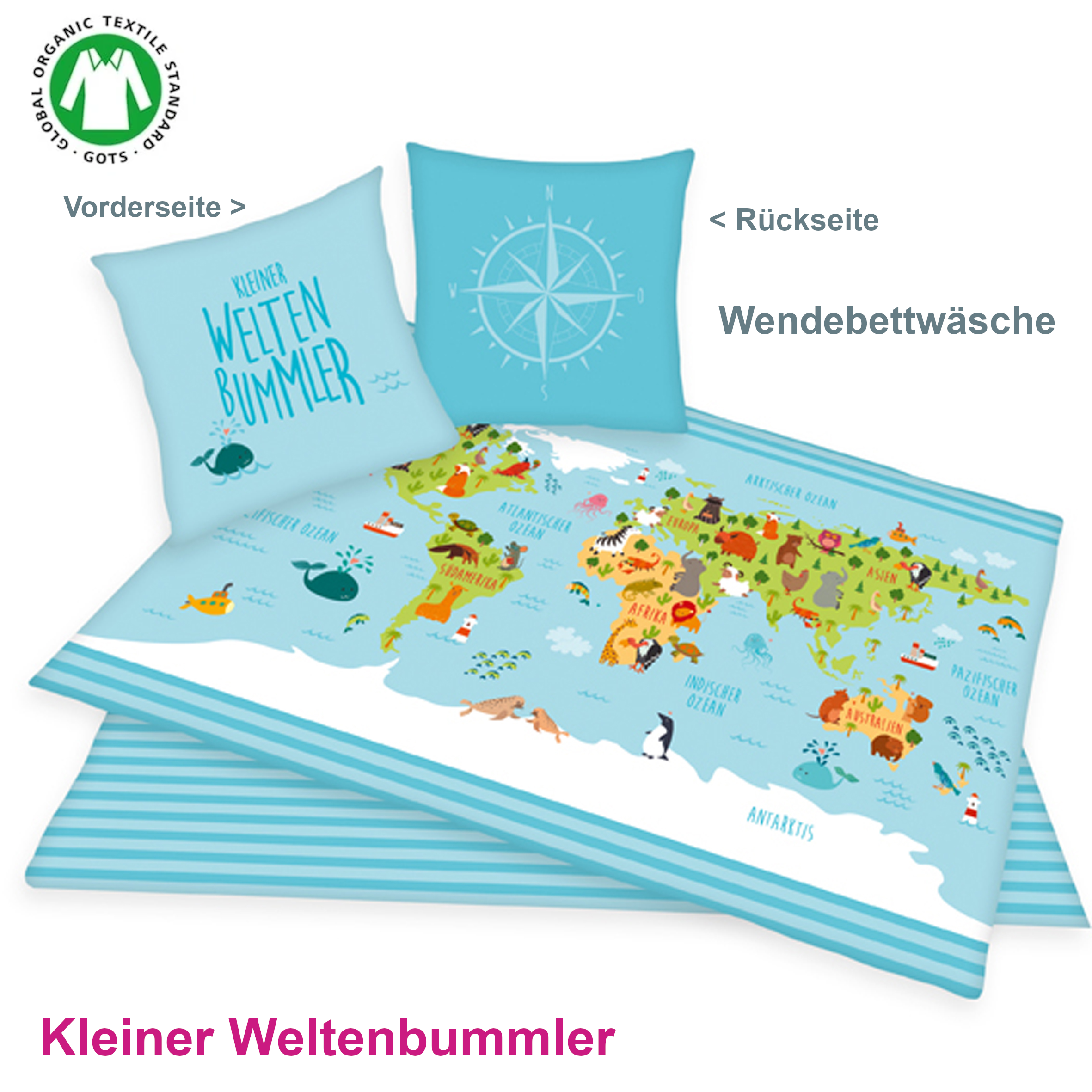bettwasche-fuer-kinder-weltkarte-kleiner-weltenbummler-baumwoll-wendebettwaesche-135-200 Bettwäsche Weltenbummler 135 x 200 Renforce mit Kissenbezug 80 x 80 cm