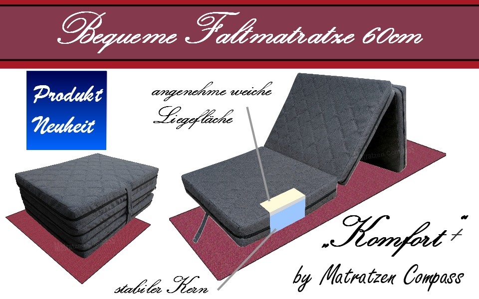 Faltmatratze-Komfort-Plus-60x190 Hochwertige Faltmatratze Komfort Plus 60x190x12 cm mit 2 Liegeseiten