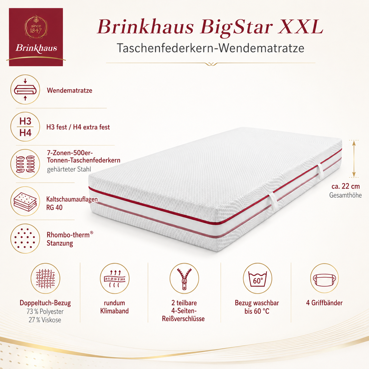 Taschenfederkern-Wendematratze Brinkhaus BigStar XXL H3/H4 – 90 x 200 cm